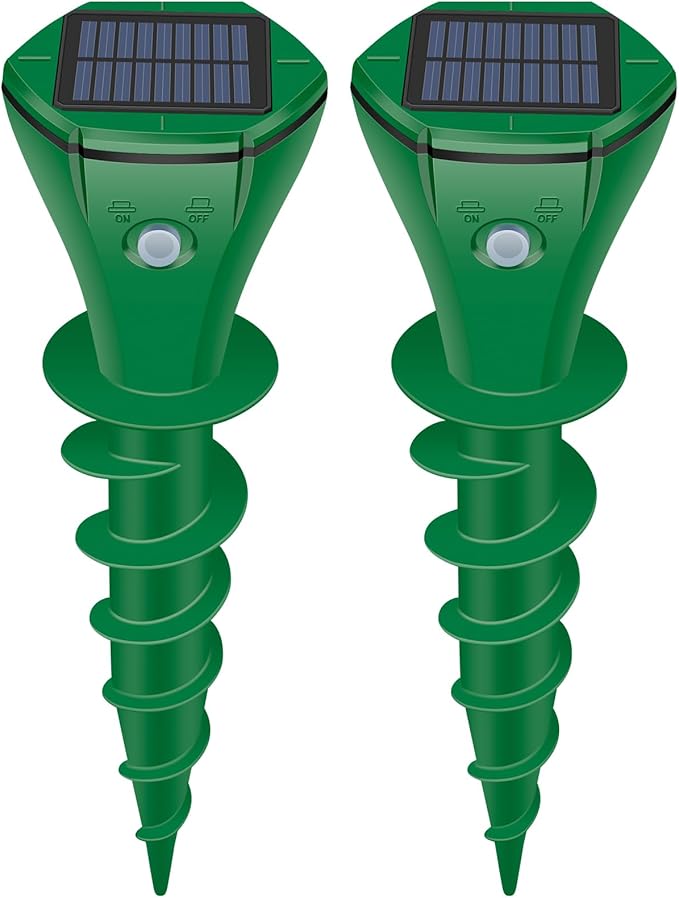 Mole Repellent Solar Powered Ultrasonic,Deer Repellent Devices,Gopher Trap Groundhog Repeller,Sonic Spikes Get Rid of All Pests Vole, Chipmunk,Cat,Skunk,Snake,Mole Trap for Lawn, Garden Yard (2P)
