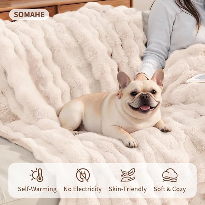 Dog Blanket Self-Warming Throw for Medium & Large Dogs, Dual-Side Sherpa Plush, Thick Crate Bed Cover & Car Seat Mat, Anti-Static Machine Washable No Shrink, 39x30 Inch White