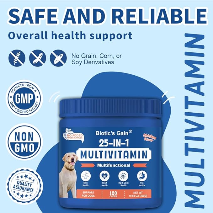 Biotic’s Gain 25-in-1 Multivitamin for Dogs | Chicken Flavour Soft Chews | Supports Skin, Heart, Hip & Joint and Gut Health | Daily Nutrient Boost for All Breeds (25 in 1 Multivitamins)