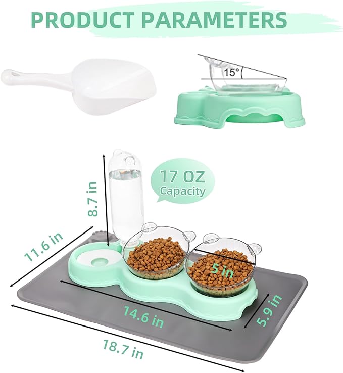 Triple Cats Bowls, Cat Food Water Bowl with Mat and Scoop, 15° Tilted Raised Cat Bowl Dishes with Automatic Water Bottle, Pet Feeding Bowls for Cats, Small Dogs, Wet, Dry Food