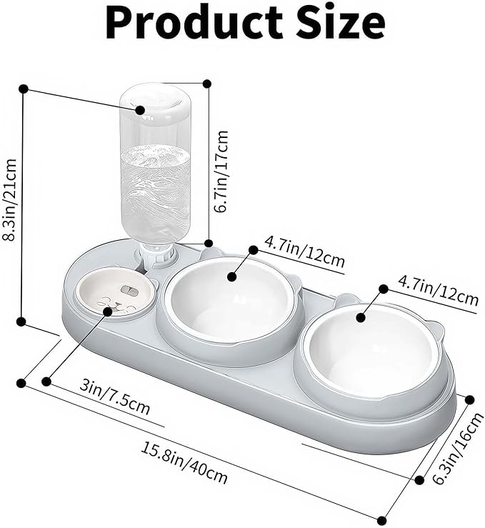 Marchul 3-in-1 Cat Bowl, Ceramic Food and Water Bowl Set, 15° Sloped Design, for Indoor Cats, Small Dogs, and Medium Dogs