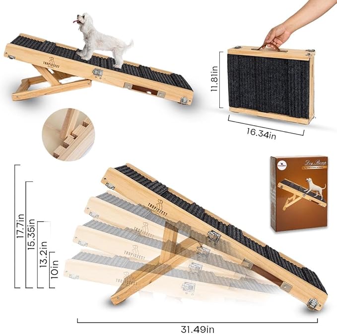 Dog Ramp for Bed and Couch - Wooden Adjustable Pet Stairs with 4-6 Height Settings for Dogs, Cats, Puppies, Pets and Indoor Outdoor Use