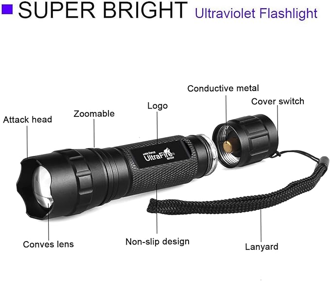 ULTRAFIRE 501B UV Flashlight, Adjustable Focus 395nm Ultraviolet Blacklight Mini Flashlight for Pet Urine Detection, Resin Curing, Scorpion & Bed Bug Detection