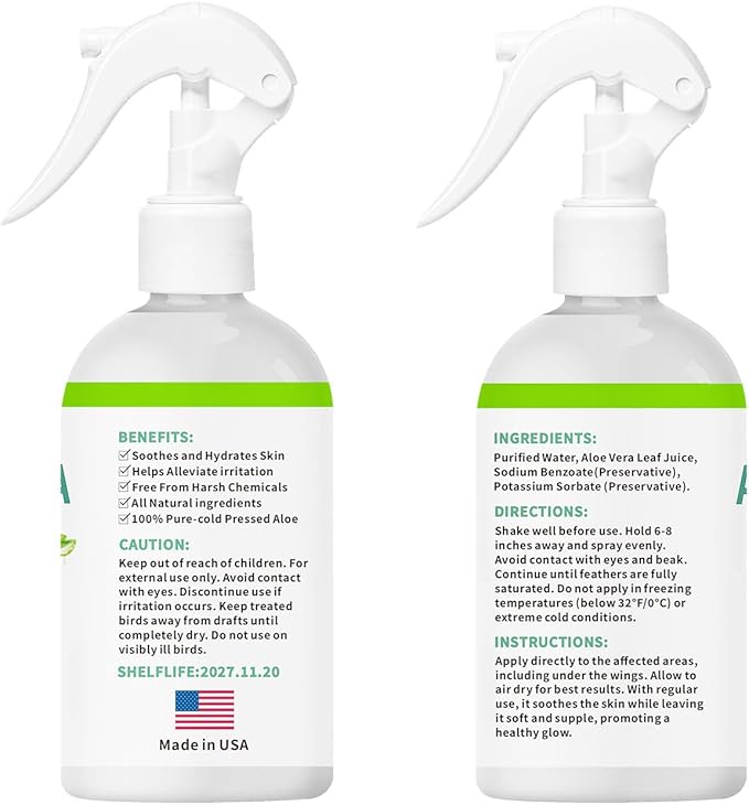 Aloe Vera Bird Spray for Birds - Bird Safe Moisturizing Mist Skin Soothing & Hydrating Mist Conditions Feathers, Gentle for Daily Use - Birds Fine-Mist Application Odor-Free Pure Cold-Pressed Aloe