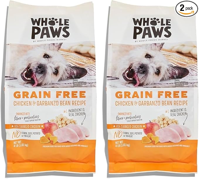 Whole Paws, Grain-Free Dry Dog Food, Chicken & Garbanzo Bean Recipe, Enhanced with Fiber & Prebiotics, 4 lb (Pack of 2)