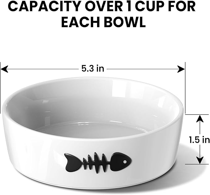 Ceramic Cat Bowls for Indoor Cats - Cat Food Bowl & Water Bowl Set of 2 with Anti-Slip Rings - Whisker Friendly Kitten Supplies Feeding & Watering - Pet Bowls for Kitten and Small Size Dog