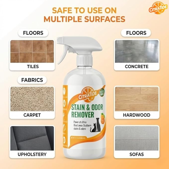 Pet Stain & Odor Remover Spray – Citrus Powered, Non-Toxic, Safe for Pets & Kids, Multi-Surface Cleaner for Carpet, Upholstery, Hardwood & More – USA Made Odor Eliminator