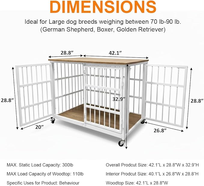 42" Dog Crate Furniture, Heavy Duty Dog Kennel Indoor for Large Dogs, Escape-Proof and Chew-Proof Wooden Dog Cage for high Anxiety Dog, Decorate House as TV Stand, End Table