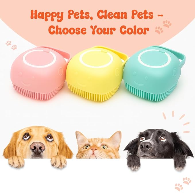 HamInWay Dog Bath Brush, 2-in-1 Dog Grooming Brush with Built-in Shampoo Dispenser, Gentle Silicone Bristles for Bath & Massage, Non-Slip Handle, Easy Clean Design for Dogs, Cats & Small Pets, Yellow