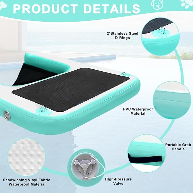 Dog Pool Ramp, Inflatable Dog Boat Ramp, Non-Slip EVA Inflatable Floating Dock Ladder for Pools Boats Docks, Safe & Easy Water Access for Large Dogs, Green