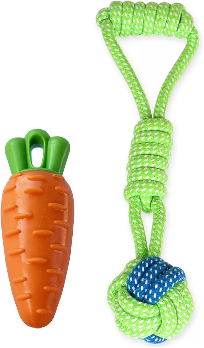 Sunglow Squeaky Carrot Dog Toy & Interactive Chewing Rope，Squeaky Dog Chew Toys，Dog Decompression and Tug Toy for Small Dogs Training Playing Teeth Cleaning (Tug&Carrot)