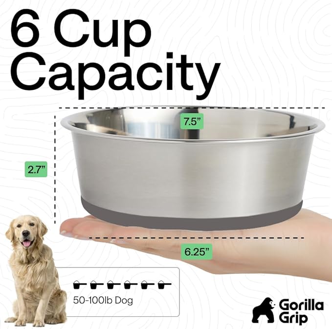 GORILLA GRIP Dog Bowls, Heavy Duty 304 Stainless Steel, Holds 6 Cups Each (48 fl oz) Food and Water Bowl for Feeding Dogs and Cats, Dishwasher Safe, Rust Resistant, BPA Free Rubber Base Set of 2 Gray