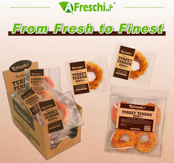A Freschi srl Turkey Tendons for Dogs, USA-Sourced, Healthy Dog Treats, Rawhide-Free Puppy Chews, Long Lasting, All Natural, Hypoallergenic Dog Treats for Large Breeds, 10 oz Pack Ring (L)