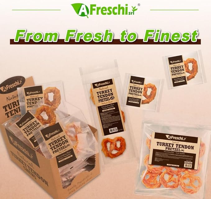 A Freschi srl Turkey Tendons for Dogs, USA-Sourced, Healthy Dog Treats, Rawhide-Free Puppy Chews, Long Lasting, All Natural, Hypoallergenic Dog Treats for Medium Breeds, 10 oz Pack Pretzel (M)