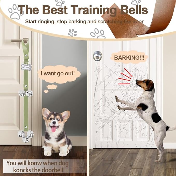 Leather Dog Bells, Puppy Potty Training Bell Dog Doorbell Potty Train Dog Bell for Potty Training Door Bells for Dogs to Ring to Go Outside Jingle Bells (Leather Green, Glitter Bone 1 PCS)