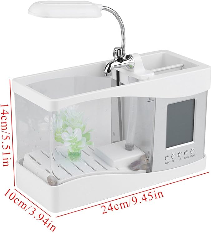 Multifunctional Mini Fish Tank, Desktop Fish Tank Aquarium USB Rechargeable Mini Fish Tank Aquarium Mini Fish Bowl with Clock Function LED Light (White)