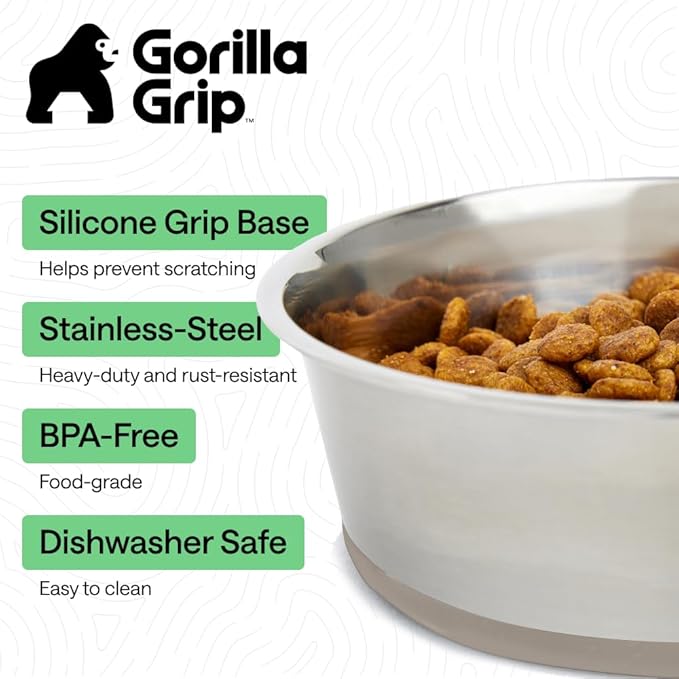 GORILLA GRIP Dog Bowls, Holds 4 Cups Each (32 fl oz), Heavy Duty Stainless Steel Food and Water Bowl for Feeding Dogs and Cats, Dishwasher Safe, Rust Resistant, BPA Free Rubber Base, Set of 2 Beige