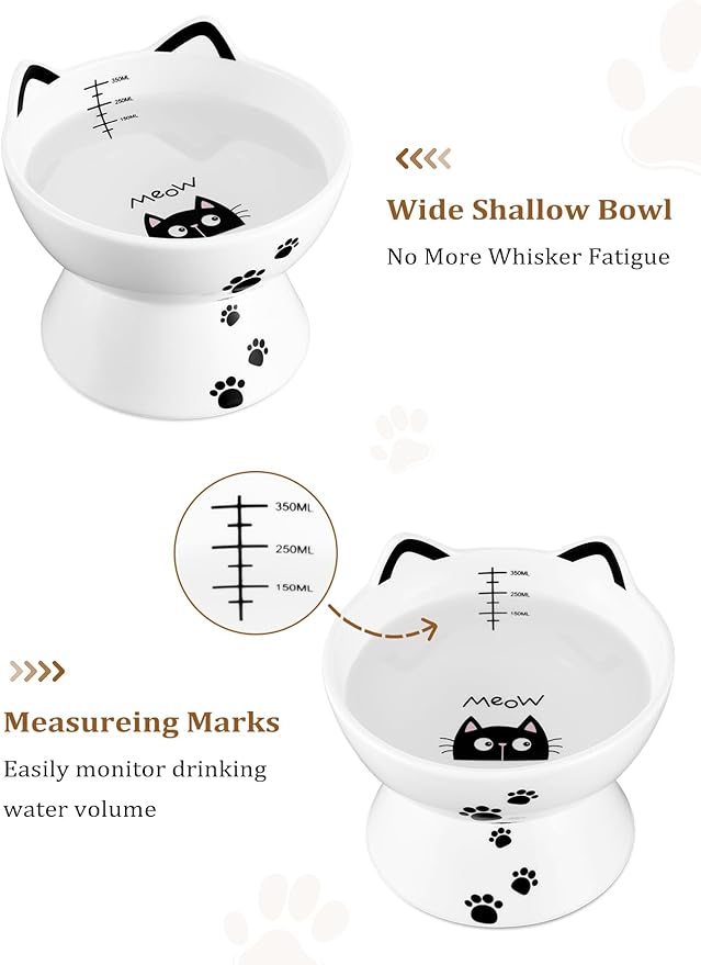 Yedio Porcelain Raised Cat Bowl, No Spill Cat Water Bowl with Anti Slip Band, Elevated Porcelain Pet Bowl Protect Pet's Spine, Large Capacity Pet Water Bowl, 15 oz, Dishwasher Safe