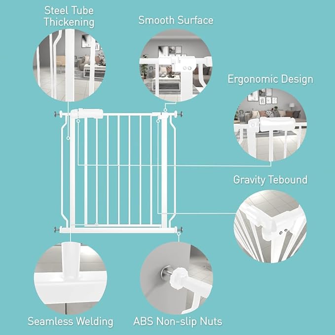 WAOWAO Baby Gate 52.76-57.45" Extra Wide Pressure Mounted Walk Through Swing Auto Close Safety White Metal Toddler Kids Child Dog Pet Puppy for Stairs,Doorways,Kitchen