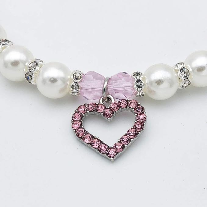Pearl Crystal Dog Necklace Collar Jewelry for Small Dogs Puppy, Bling Cat Wedding Collar with Rhinestones Charm, Chihuahua Yorkie Clothes Outfits Accessories (Pink Heart, 8 to 10-Inch)