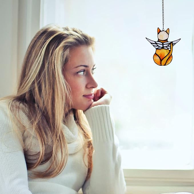 BOXCASA Angel Cat Memorial Gifts for Women,Stained Glass Window Hanging Decorations,Angel Wings Orange Cat Suncatcher Decor,Pet Memorial Sympathy Gifts Decoration