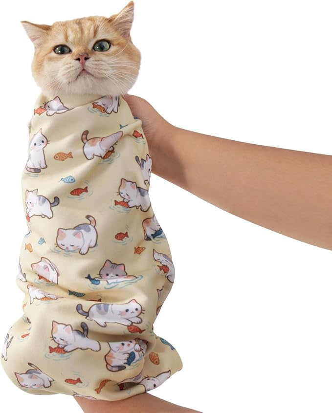 33.5" Cat Grooming Wrap,cat wrap for Cutting Nails,Self-Adhesive cat Swaddle wrap cat Restraint cat wrap Blanket for Medicine, Nail Clipping, Teeth Brushing,Yellow Kitten(Within 22lbs)