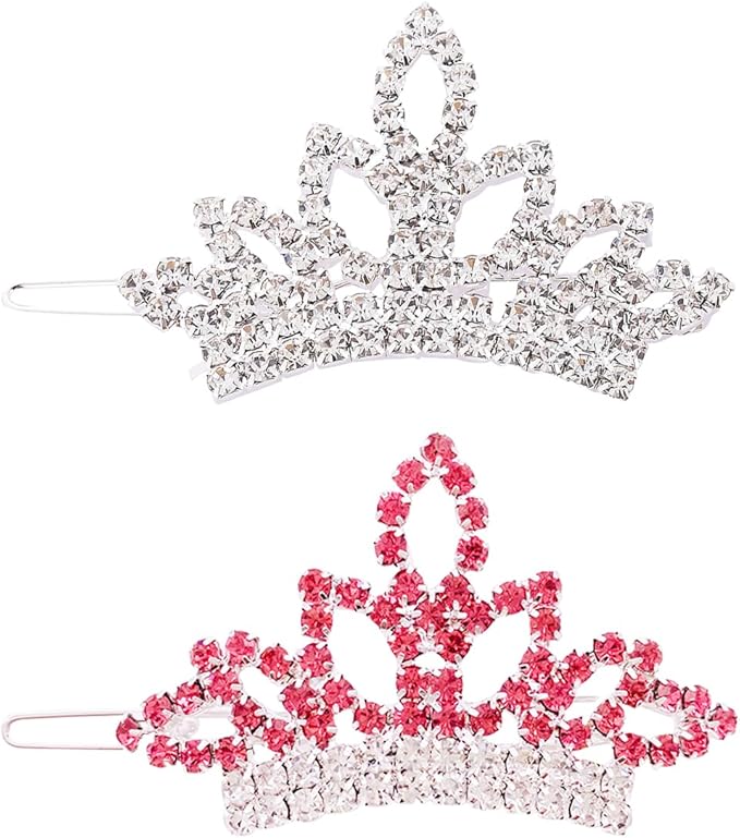 PET SHOW Dog Tiara Crown Hair Clips Bows for Small Dogs Costume Crystal Rhinestone Girls Puppies Barrette Grooming Hair Accessories (2pcs Silver + Pink Crown)