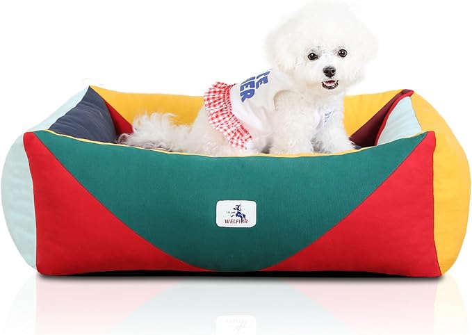Washable Rectangle Dog Bed with Removable Cover, Color-Block Gingham Cotton Puppy Sofa, Breathable Scratch Resistant Pet Bed, Small