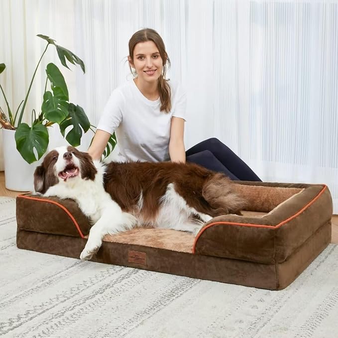 Comfort Expression Orthopedic Dog Bed for Large Dogs 36x27 Inch, Waterproof Supportive Egg Crate Foam Large Pet Bed with Removable Bolsters, Dog Couch with Washable Cover & Non-Slip Bottom, Brown