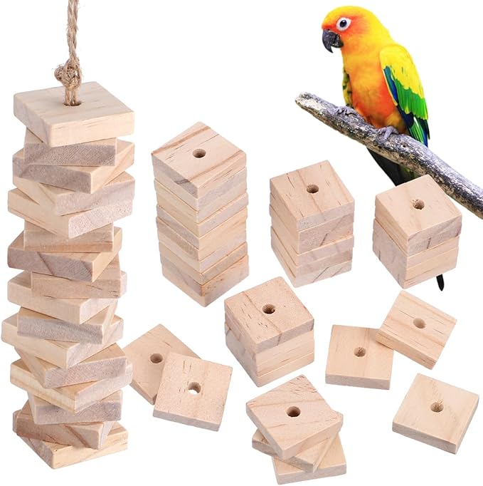Housoutil Parrots Wooden Blocks, 100PCS Bird Toys, DIY Parrot Bite Wood Chips, Birds Cage Chewing Playing Training Toy for Cockatoos, Macaws, African Grey and Small Medium