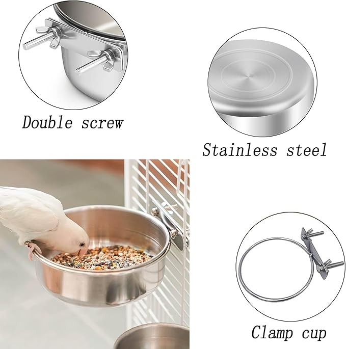 2 Pcs Stainless Steel Bird Food Water Bowls, Parrot Feeding Dish Cups with Clamp Holder Bird Ball Toys for Chinchilla, Cockatiel, Conure, Budgies, Parakeet, Lovebirds, Small Animals (Small)