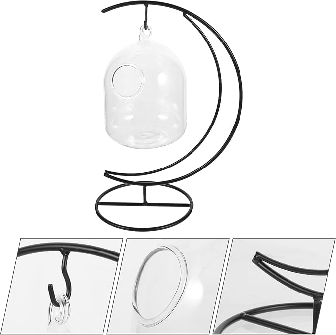POPETPOP Hanging Glass Betta Fish Bowl with Moon-Shaped Iron Stand, 12cm Tabletop Aquarium Tank for Home Decor and Betta Fish Care