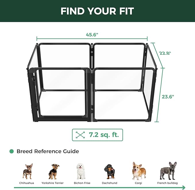 FXW AuraSpace Pro Metal & Acrylic Indoor Dog Playpen, All-Acrylic Clear Heavy-Duty Design, 24" Height 6 Panels for Puppies & Small Dogs, Black│Patented