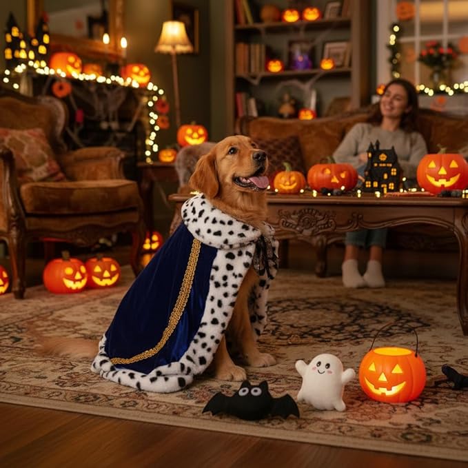Lovelyshop pet Serial Lux Fur Blue Cat Dog Cloak for Halloween Costumes, King Queen Prince and Princess Cosplay-XL