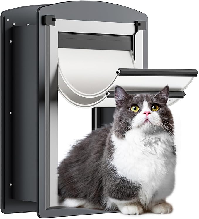 FreeStanding Cat Door for Wall, Steel Frame Cat Doors with Telescoping Tunnel, Magnetic Double Flaps and 2 Security Lock Panels, Cat Door for Interior and Exterior Wall, Small, Gray
