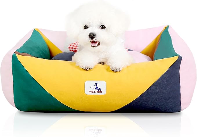 Washable Rectangle Dog Bed with Removable Cover, Color-Block Gingham Cotton Puppy Sofa, Breathable Scratch Resistant Pet Bed, Small