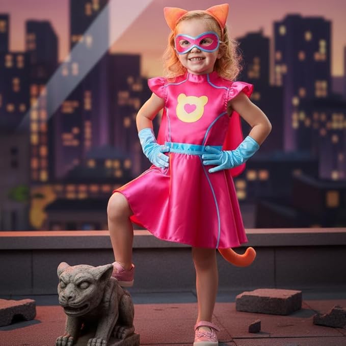 IKALI Pink Kitties Costume for Kids Girls Halloween Superhero Cat Fancy Dress with Cape