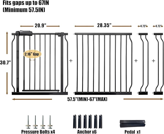 Wide Baby Gate 67-71.5 Inch Heavy Duty Steel Safety for Stairs, Pressure-Mounted Indoor Dog, No Drilling, Modern Home Design, Black