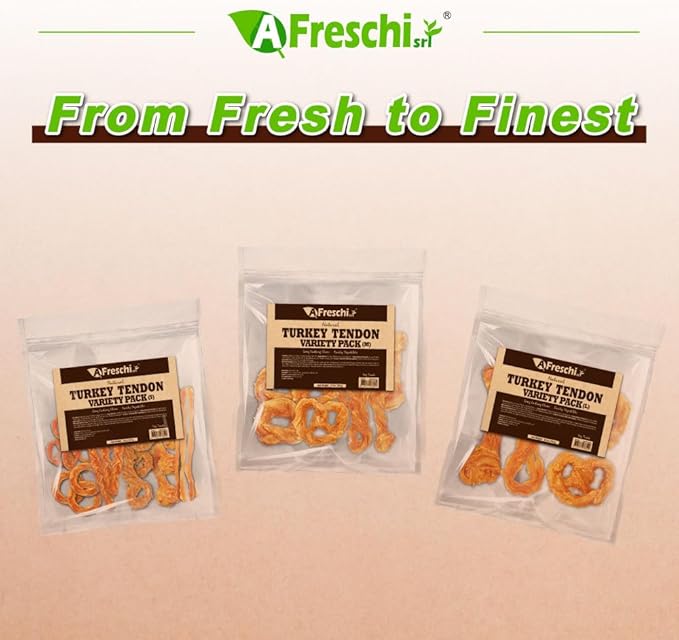 A Freschi srl Turkey Tendons for Dogs, USA-Sourced, Healthy Dog Treats, Rawhide-Free Puppy Chews, Long Lasting, All Natural, Hypoallergenic Dog Treats for Small Breeds, 8 oz Pack Variety (S)