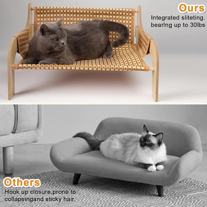 2 in 1 Large Woven Rattan Cat Couch Bed with 19x 14'' Removable Plush Pad Mat, Pet Sofa for Indoor Elevated Cat Beds Suitable for Kitty, Puppy or Small Animal (Supports 33 lbs)