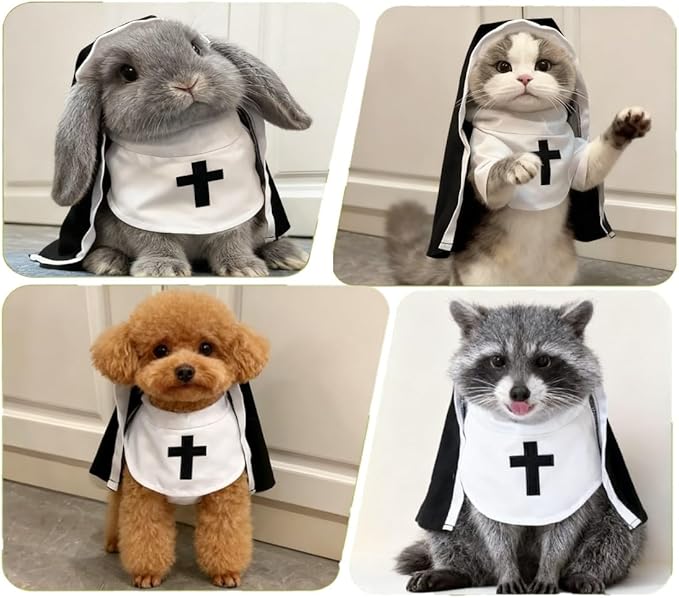 Halloween Cat Costume Nun Dress - Funny Pet Cosplay Apparel for Cats & Small Medium Dogs, Adjustable Nun Habit Cloak for Halloween Party, Christmas, Holidays - Cute Pet Clothing Costume Accessories