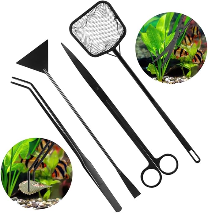 4-in-1 Tool Kit for Small Aquariums, Includes Curved Scissors, Tweezers, Sand Spatula & Fish Net