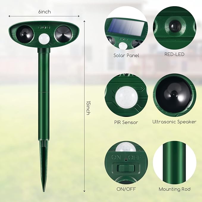 2 Pcs Solar Ultrasonic Animal Repeller Outdoor Squirrel Cat Deer Repellent Devices Waterproof with Motion Sensor,Effective Against Dog,Raccoon,Skunk,Rabbit,Coyote Deterrent for Yard Garden Protection