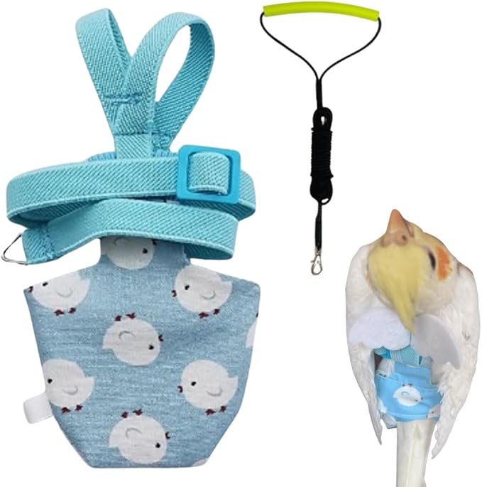 Adjustable Bird Diaper Harness Flight Suit Clothes with 80 Inch Flying Leash Rope for Parrots Conure Cockatiel (Blue,2M)