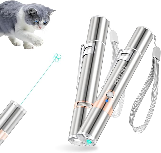 TBTeek Cat Toy, Green Light, with Metal Case, Rechargeable, 7 Patterns, Interactive Kitten Pet Dog Chase Light Toy for Fun Playing Exercise (2 Pieces)