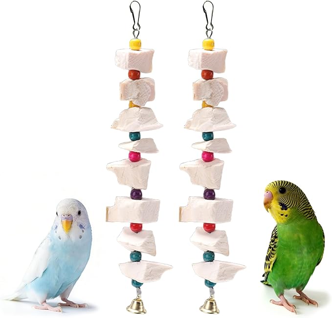 2 Pack Bird Toys, Parakeet Toys with Cuttlebone, Natural Cuttle Bone Bird Beak Grinding Stone & Parrot Chew Cuttlebone Cage Accessories with Bell for Budgie, Conure, Lovebird- 8 Pieces