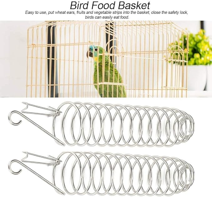 2PCS Bird Food Holder, Feeder Food Basket Tool Vegetable Fruit Feeder Stainless Steel Parrot Hanging Stainless Steel Cage Accessories for Parakeet Cockatiel