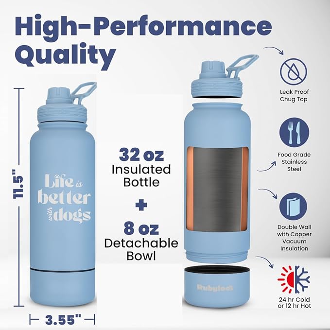 Dog Water Bottle for Dog Lovers - 32 oz Stainless Steel Double Wall Insulated Water Bottle with 8 oz Detachable Bowl - Doggy Lover Gift for Hiking, Walking, Travel - “Life is Better” - Dusty Blue