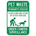 Pet Waste Leash-Curb and Clean Up After Your Dog Under Camera Surveillance Sign, 12x18 Inches, Rust Free .063 Aluminum, Fade Resistant, Made in USA