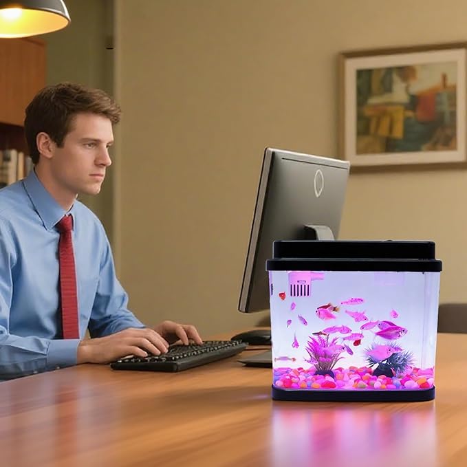 Mini Aquarium Fish Tank,1 Gallon Fish Bowl with Adjustable 6-Color LED Lamps,Filtration,Oxygenation,Water Circulation 3 in 1 Pump,DIY Ocean Stickers, Excellent Gifts for Children and Adults